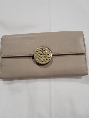 Coach Taupe Leather Long Wallet with Decorative Gold Medallion
